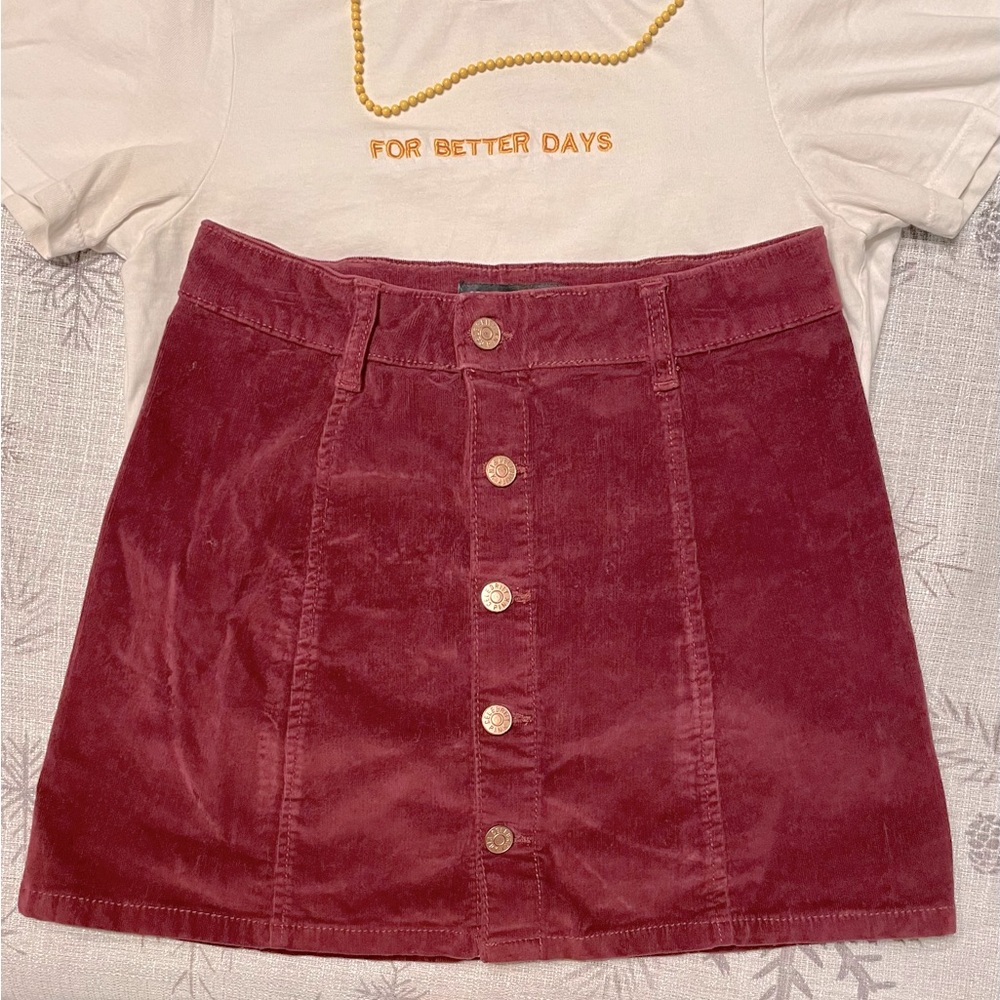 Maroon Corduroy / Velvet Button Up Mini Skirt